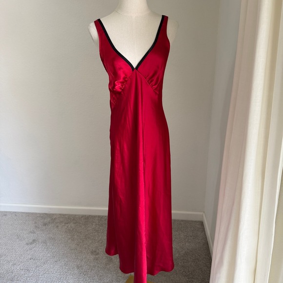 Dresses & Skirts - Red Satin V-Neck Slip Dress Midi Chemise Old Hollywood Glamor Boudoir Lingerie